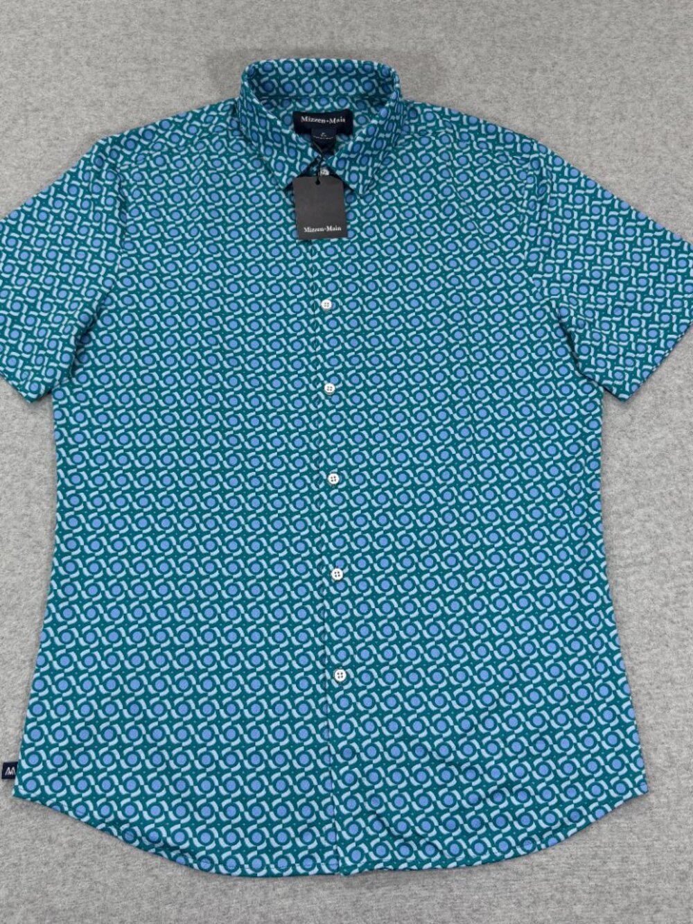 Mizzen+Main Halyard Short Sleeve Dress Shirt Teal Kaleidoscope Medium Trim NWT - Picture 3 of 15